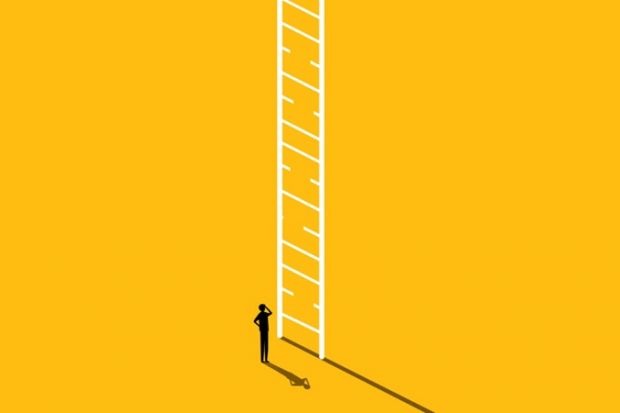 A person stands beneath a ladder whose rungs are broken A person stands beneath a ladder whose rungs are broken, symbolising a lack of student support