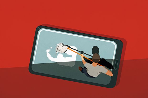 Illustration: a man sweeps a giant mobile phone with a broom