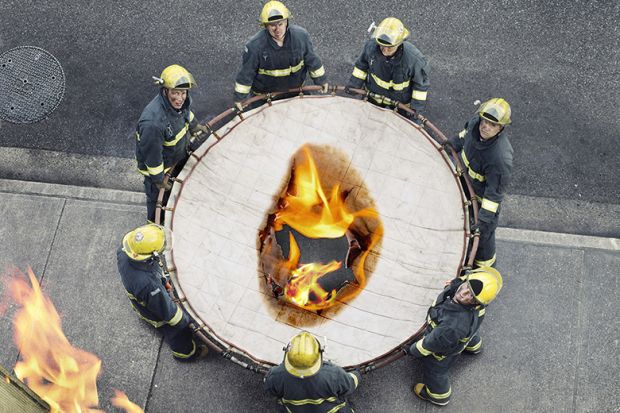 Firemen holding a burning safety net. To illustrate that by treating equity work as an ideological luxury, institutions are destroying the safety net that everyone could need. Firemen holding a burning safety net. To illustrate that by treating equity work as an ideological luxury, institutions are destroying the safety net that everyone could need.