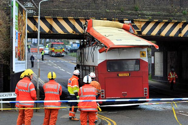 A double-decker bus had its roof ripped off when it collided with a bridge, Leicester, UK. To illustrate that the REF’s experiment with research culture was always doomed.