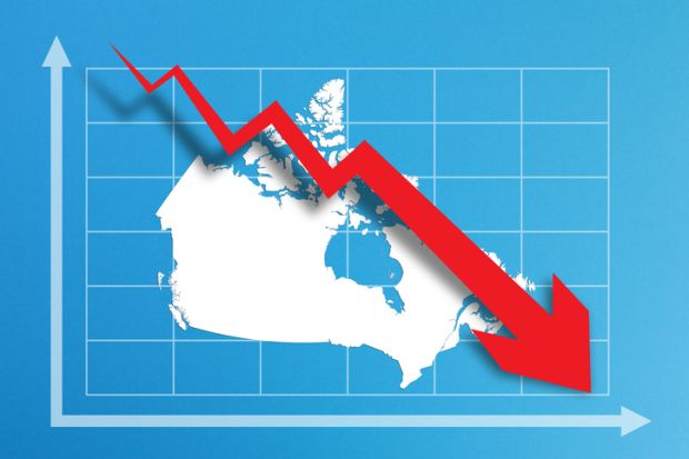 A downwards trendline on a map of Canada