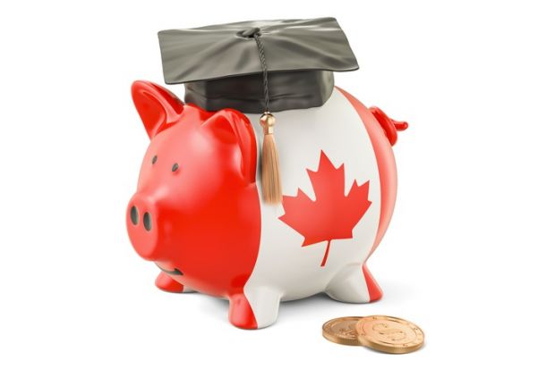 A Canadian piggy bank wearing a mortarboard