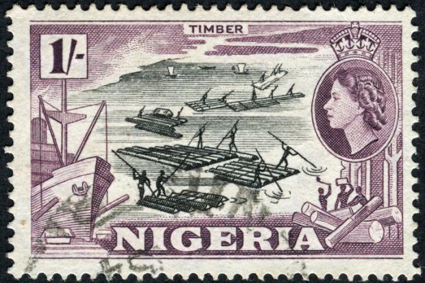 Cancelled Stamp From Nigeria Featuring Queen Elizabeth II And The Timber Industry