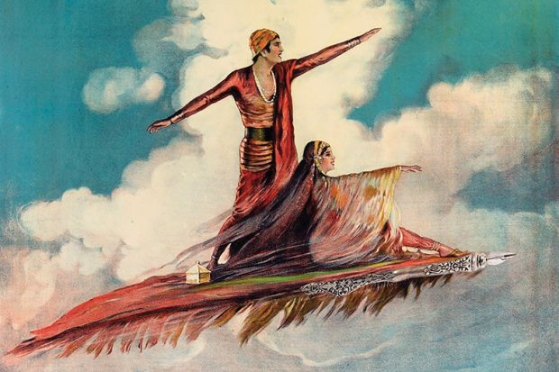 Illustration of man and woman on flying carpet symbolising the helping hand of letters of recommendation
