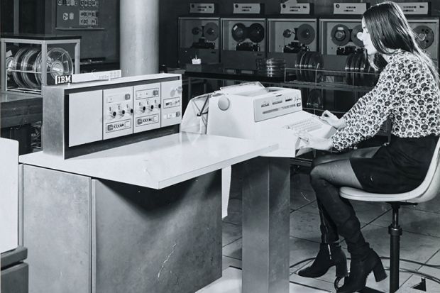 Cathy Gillespie working on IBM 360