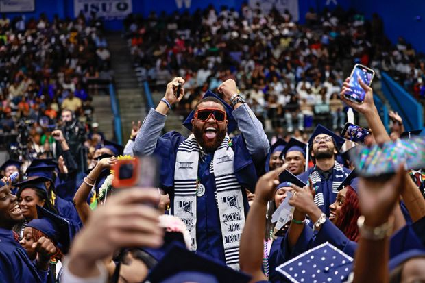 Jackson State University graduates celebrate during the spring 2025 commencement ceremony, Jackson, Mississippi, on 3 May 2025. To illustrate that Americans still value what universities have to offer.