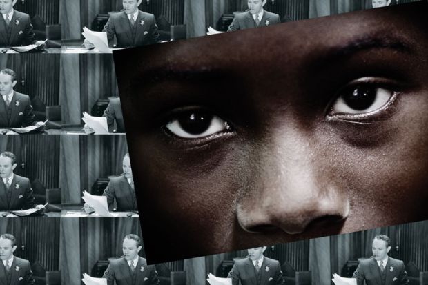 Child's eyes in front of collage of white businessmen