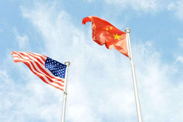 China and American flag flying together