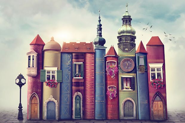 Illustration of a city scene made of books