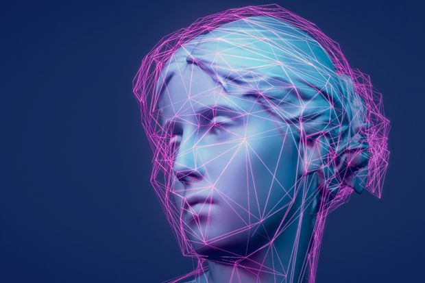 Classical statue with purple network lines to illustrate artificial intelligence transforming the way universities operate 