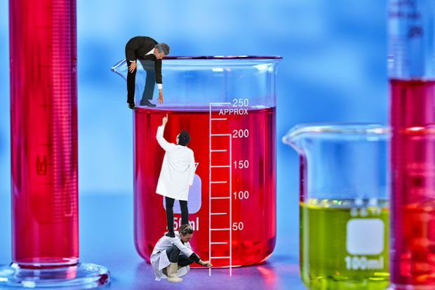 A senior manager trying to help a scientist climb up a beaker, while a young researcher also helps. The measurement scale on the beaker is like a ladder. To illustrate senior academics should use their influence to not misuse metrics. A senior manager trying to help a scientist climb up a beaker, while a young researcher also helps. The measurement scale on the beaker is like a ladder. To illustrate senior academics should use their influence to not misuse metrics.