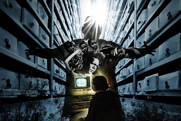 Montage of the children of the Templeton family (1954), two Australian Aborigines holding boomerangs (circa 1935) and a visitor sits at a reconstructed Stasi secret police surveillance corner Montage of the children of the Templeton family (1954), two Australian Aborigines holding boomerangs (circa 1935) and a visitor sits at a reconstructed Stasi secret police surveillance corner