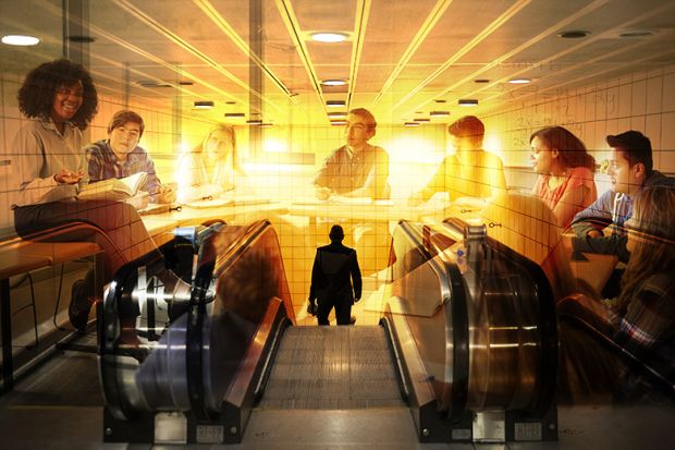 Montage of students in a university seminar and a commuter heading down an escalator. To illustrate work experience as a part of university courses.