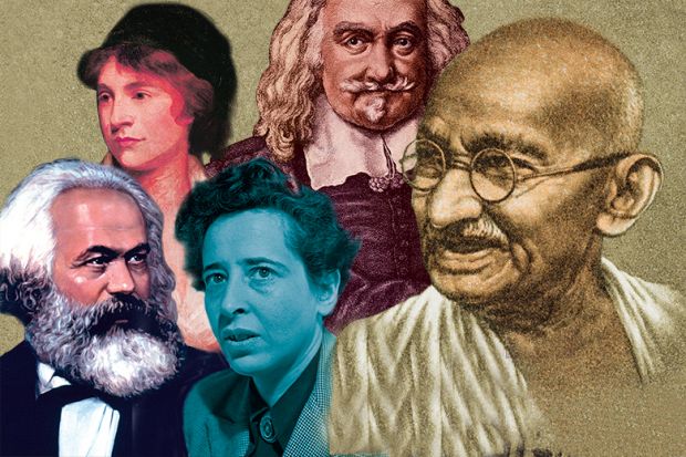Montage of portraits of Karl Marx, Mary Wollstonecraft, Thomas Hobbes, Gandhi and Hannah Arendt illustrating review of ‘Confronting Leviathan: A History of Ideas’ By David Runciman