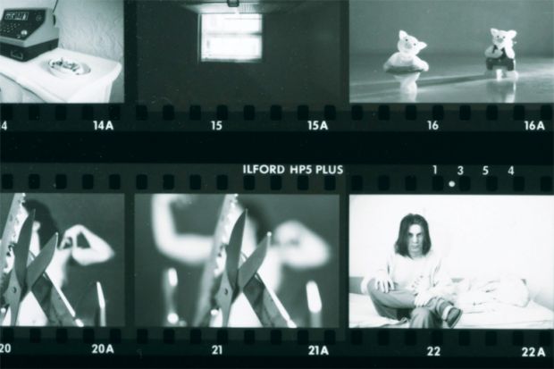 Contact sheet of black and white photos