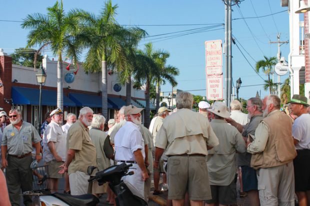 Contestants for Hemingway look-a-like contest gathered in street outside Sloppy Joes in Key West Florida circa July 2010