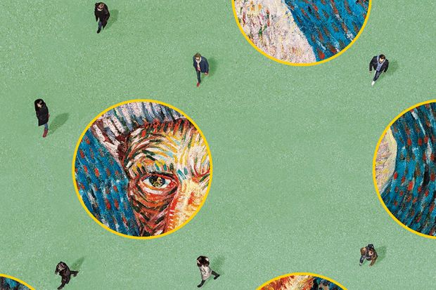 People walking among circles of images of a Van Gogh painting