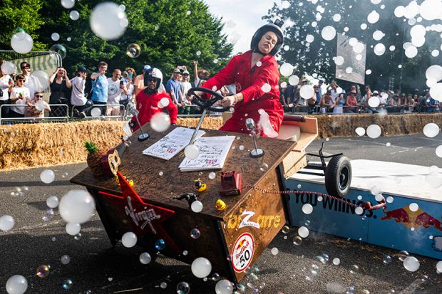 Participants crashing a desk on wheels during the 2026 Red Bull Soapbox Race at Alexandra Palace on 20 June, 2026 in London, England. To illustrate that universities are ‘underestimating’ the challenges caused by outsourcing services.