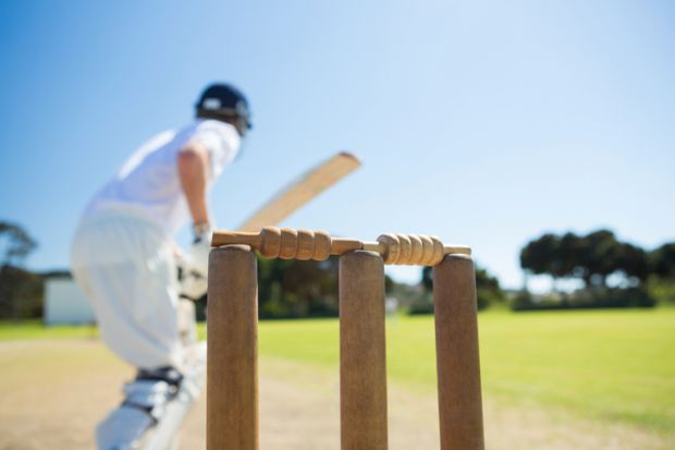 View of a cricket batsman from behind the stumps