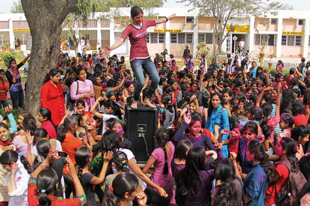 A crowd of students at a campus in India A crowd of students at a campus in India