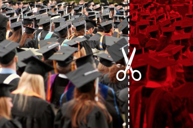 A crowd of graduating university students, with a dashed line and scissors, to illustrate that student numbers at UK universities should be reduced 30 per cent according to a thinktank.