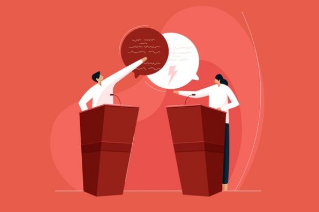 Illustration: Two people debate at lecterns