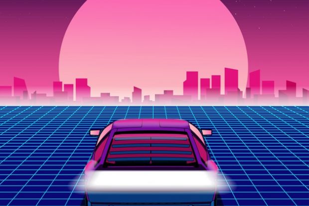 A DeLorean car in front of a sunset, symbolising future vision