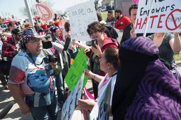 Demonstrators argue with Donald Trump supporter, Wisconsin