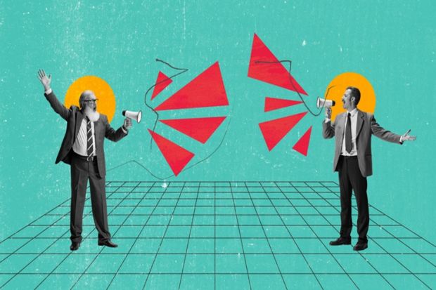 Two people shout at each other through megaphones Two people shout at each other through megaphones