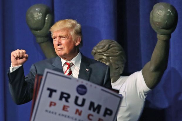 Donald Trump gestures to crowd after speaking at rally, Pennsylvania