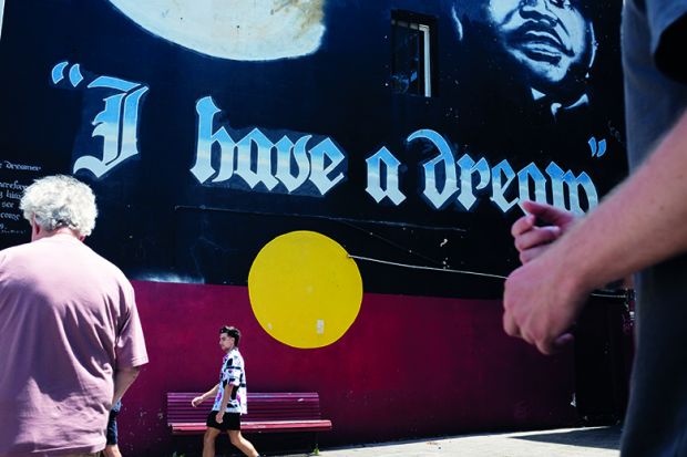'I have a dream' mural featuring Aboriginal flag in Newtown, Sydney