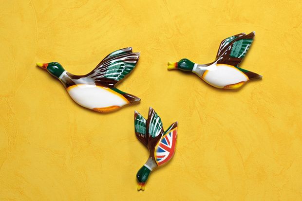 Duck ornaments on a yellow wall with one flying downwards
