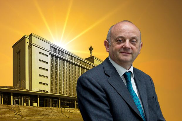 Edward Peck, with Nottingham Trent University and sunburst in the background. To illustrate Peck's belief that the Labour government’s newly expanded higher education target could lead to a “golden age” for universities.