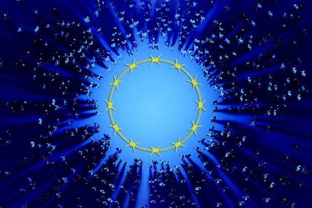 Crowd circling around the stars of the EU flag depicted as barbed wire. To illustrate whether the next Horizon Europe will be anything non-EU states want to join. Crowd circling around the stars of the EU flag depicted as barbed wire. To illustrate whether the next Horizon Europe will be anything non-EU states want to join.