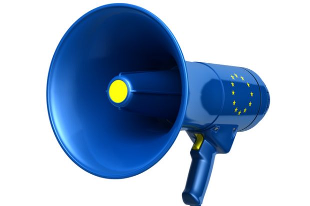 A megaphone painted in the European flag