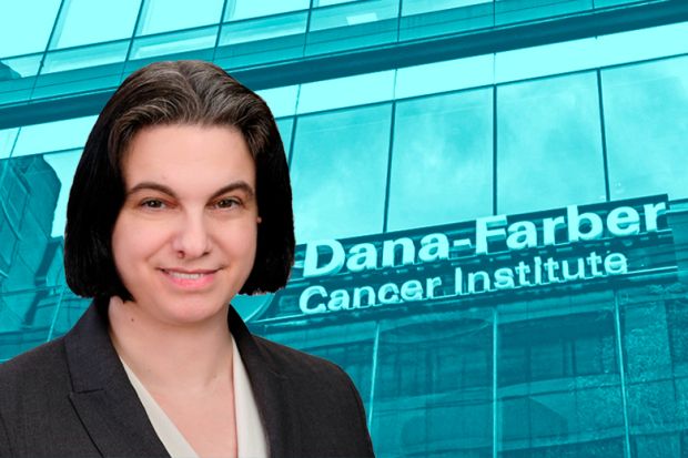 Eugenie Reich with the Dana-Farber Cancer Institute in the background.