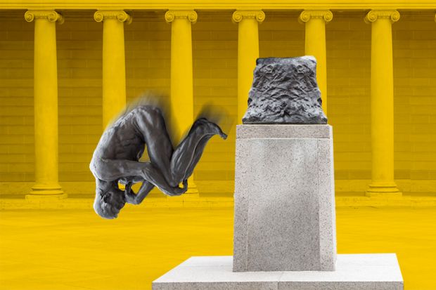 Rodin's Thinker statue falling from its pedestal. To illustrate that calls to ditch AI because it is destroying students’ analytical skills ignore institutions’ terrible record at developing complex reasoning.