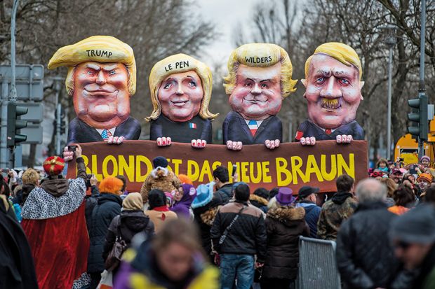 Protest figures of Trump, Le Pen, Wilders and Hitler