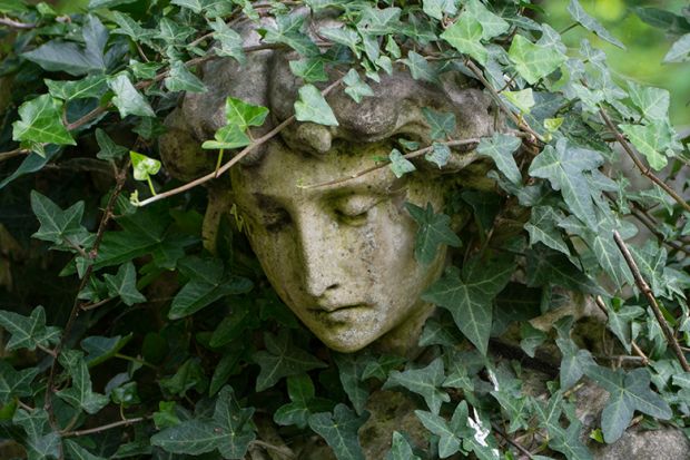 Female statue overgrown with ivy. To illustrate ‘subtle but persistent’ power abuse in academia.