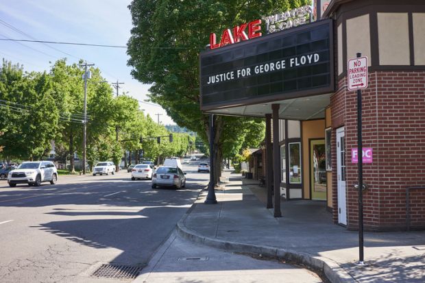 The cinema billboard of a local theater in Lake Oswego, Oregon, has been changed to support the nationwide protest demanding justice for George Floyd.