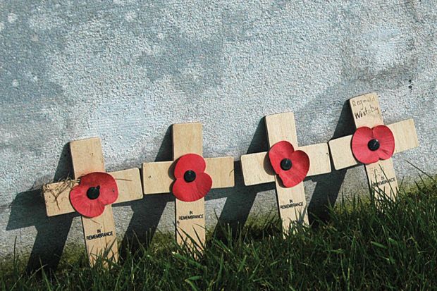 First World War (WW1) memorial crosses and poppies