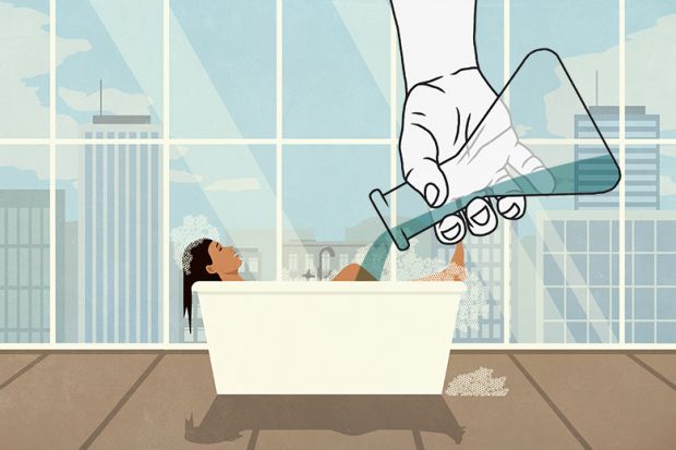 An illustration of a student having a bath in a lavish apartment, with the water being diluted with liquid poured from a flask. To illustrate that the OfS must spearhead a dilution of the UK’s lavish student experience.