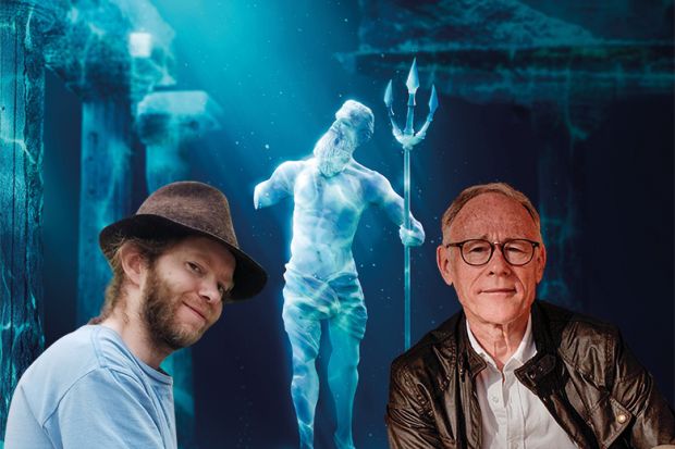 Montage with Flint Dibble (left) and Graham Hancock (right) and underwater classical statue. 