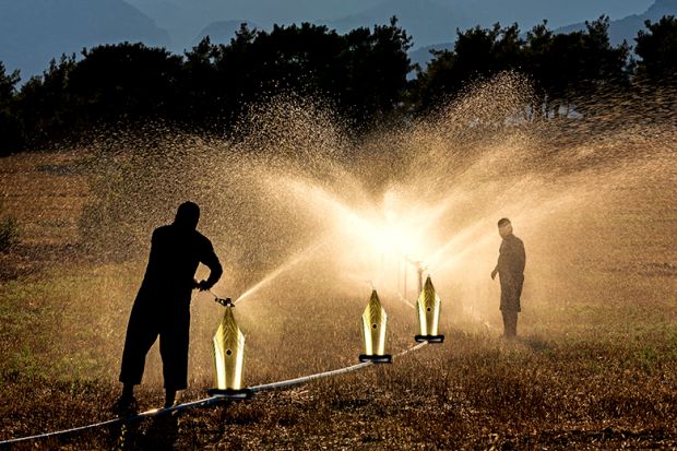 Fountain pen nibs as part of an irrigation system for crops, illustrating that the humanities need to engage strongly with the factors that give them a place in society.