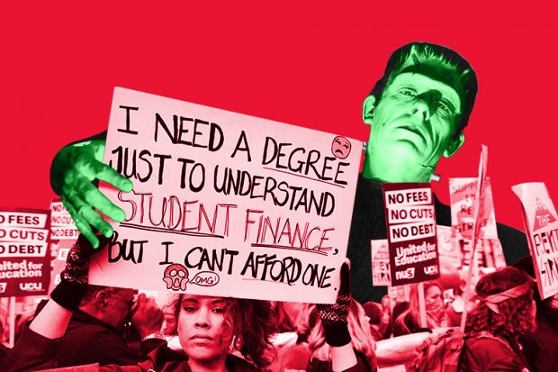 Montage of Frankenstein’s monster looming over a student protest against fees, London. 