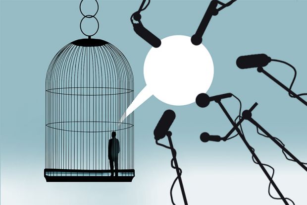 Person in a cage with speech bubble escaping the cage and being surrounded by microphones, illustrating that censoring rival arguments can end up giving them a wider audience. Person in a cage with speech bubble escaping the cage and being surrounded by microphones, illustrating that censoring rival arguments can end up giving them a wider audience.