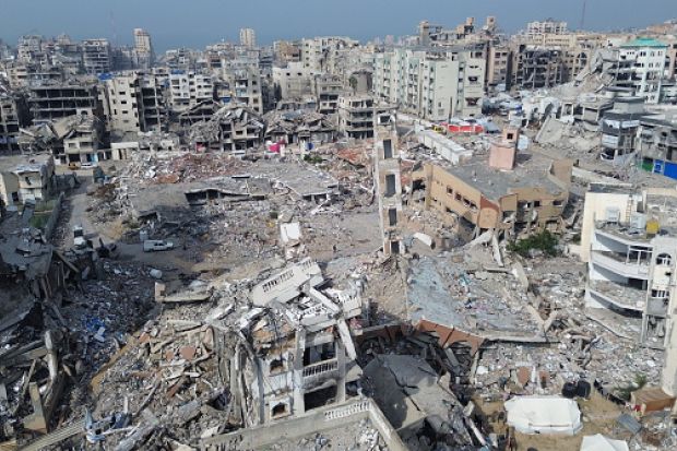 An aerial view of Al-Aqsa University in Gaza City destroyed after an Israeli strike on November 29, 2025.