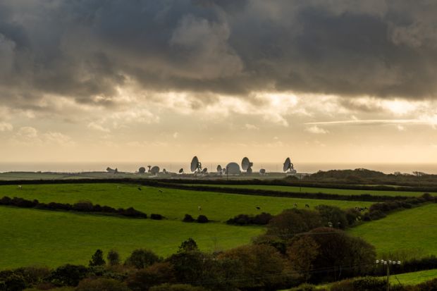 GCHQ Bude satellite ground site near Morwenstow in Cornwall on stormy day
