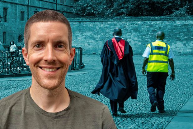 George Bass, with a university security guard and a person in academic robes walking in the background.