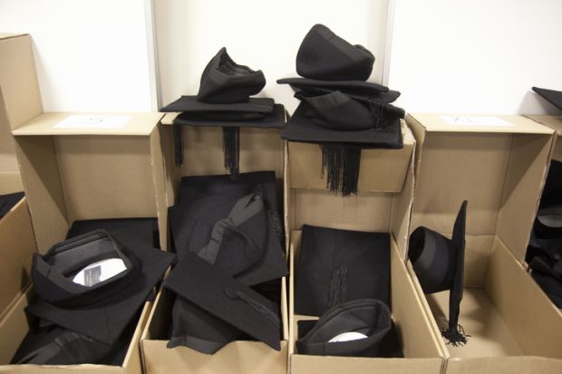 Mortar boards for rent on graduation day, Exeter University, England